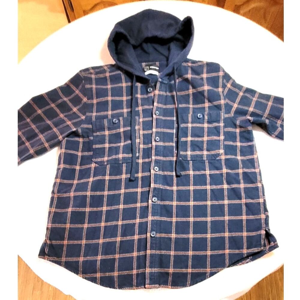 Original Use Mens Button Down Flannel Shirt L Hooded Shacket Navy Double Pockets - Picture 2 of 9